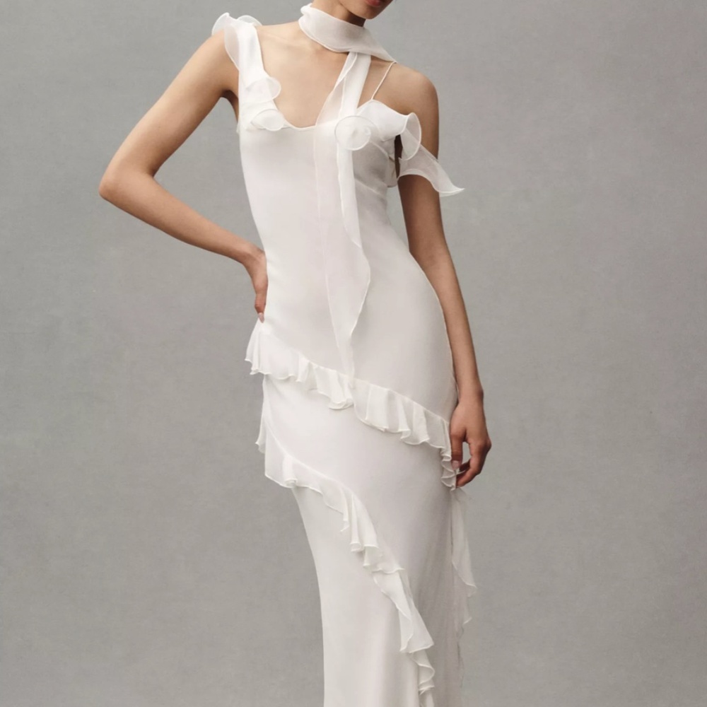 De La Vali Hemera Silk Chiffon Ruffle Scarf-Neck Maxi Dress NWT size 2